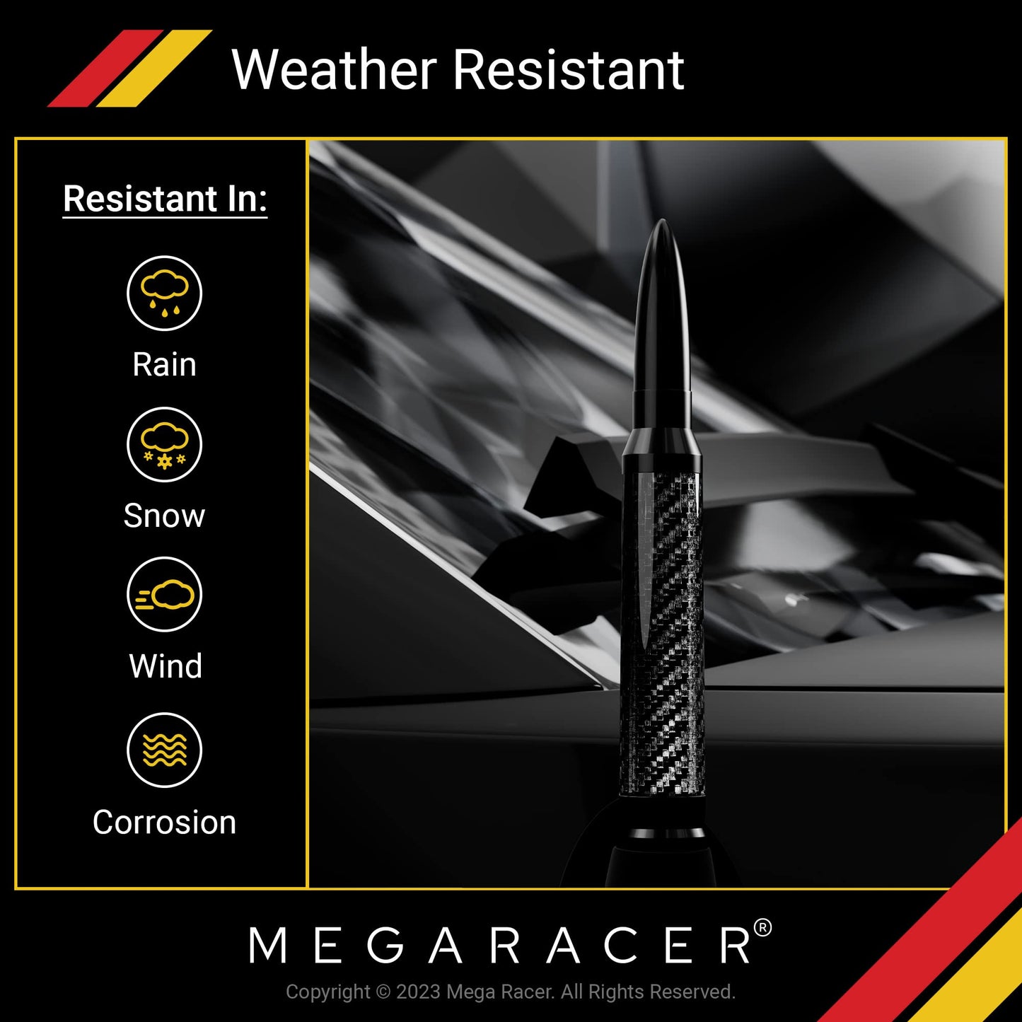 Mega Racer 50 Cal Bullet Antenna - Black Carbon Fiber 5.5 Inch AM/FM Compatible Universal Fit for Truck, Solid Aluminum with Anti-Theft Design and Car