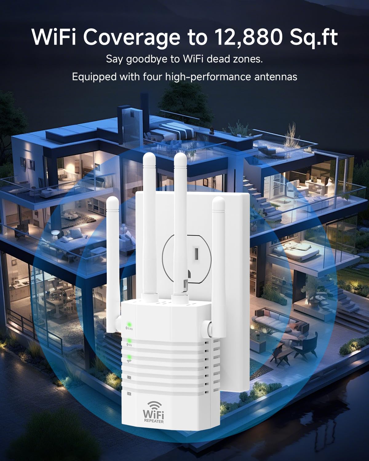 1-Tap Setup WiFi Extender, Dual Band 5GHz/2.4GHz WiFi Signal Booster, 12880 Sq.Ft WiFi Range Extender, 105 Devices Supported, Ethernet Port & High