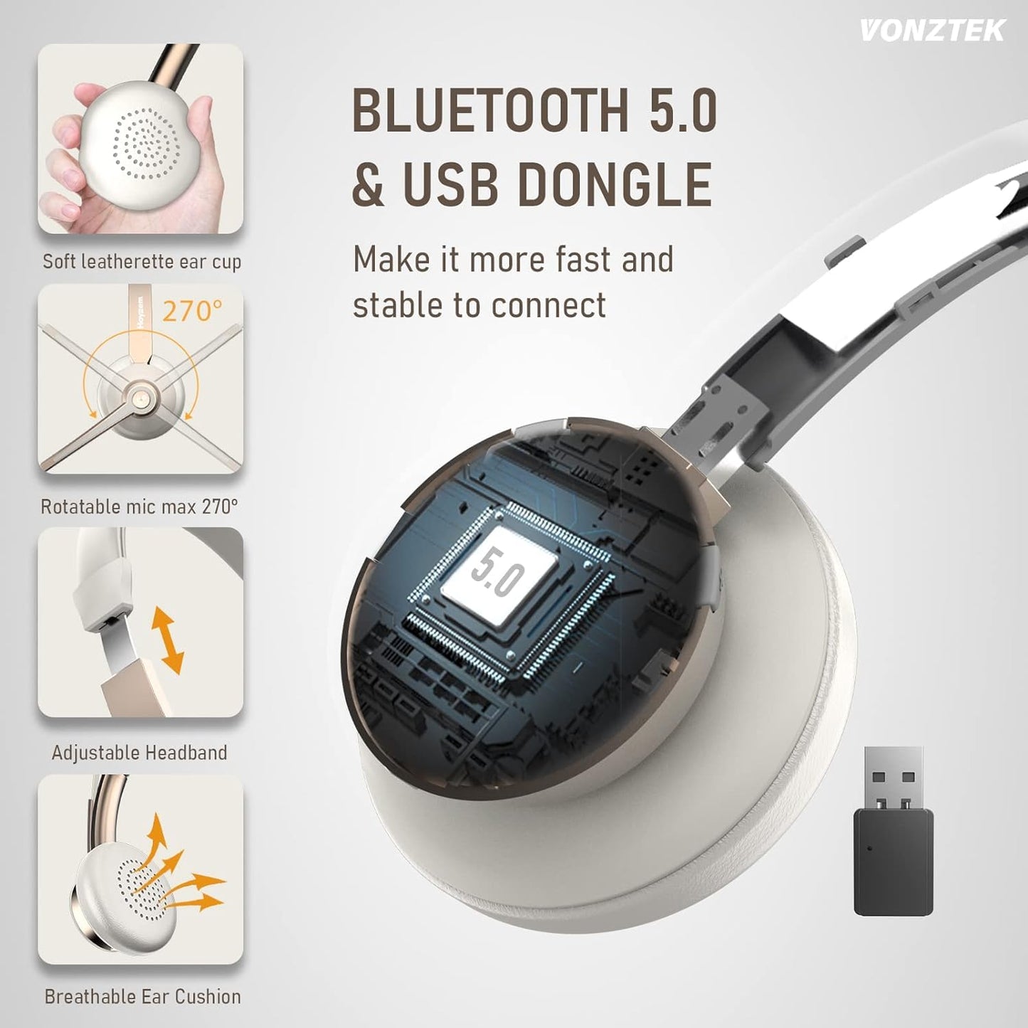 Vonztek Wireless Headset, Trucker Bluetooth Headset with Microphone Noise Canceling & USB Dongle, 5.0 Wireless Headphones with Mic Mute for Cell Phone