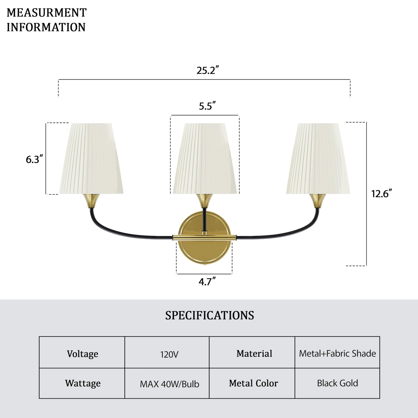 Lanxithen Bathroom Light Fixtures Over Mirror, 3 Light Vanity Light for Bathroom, Black Gold Vanity Light Fixtures with Flared Ivory White Fabric