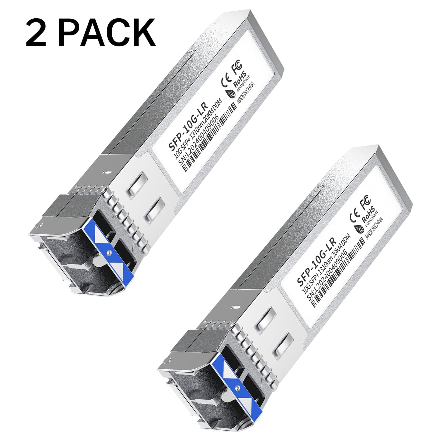 2Pack SFP+ LC 10GBase-LR Transceiver - 10G Single Mode Module, Compatible with Cisco SFP-10G-LR, Ubiquiti UF-SM-10G, Meraki, Mikrotik, Netgear, Aruba