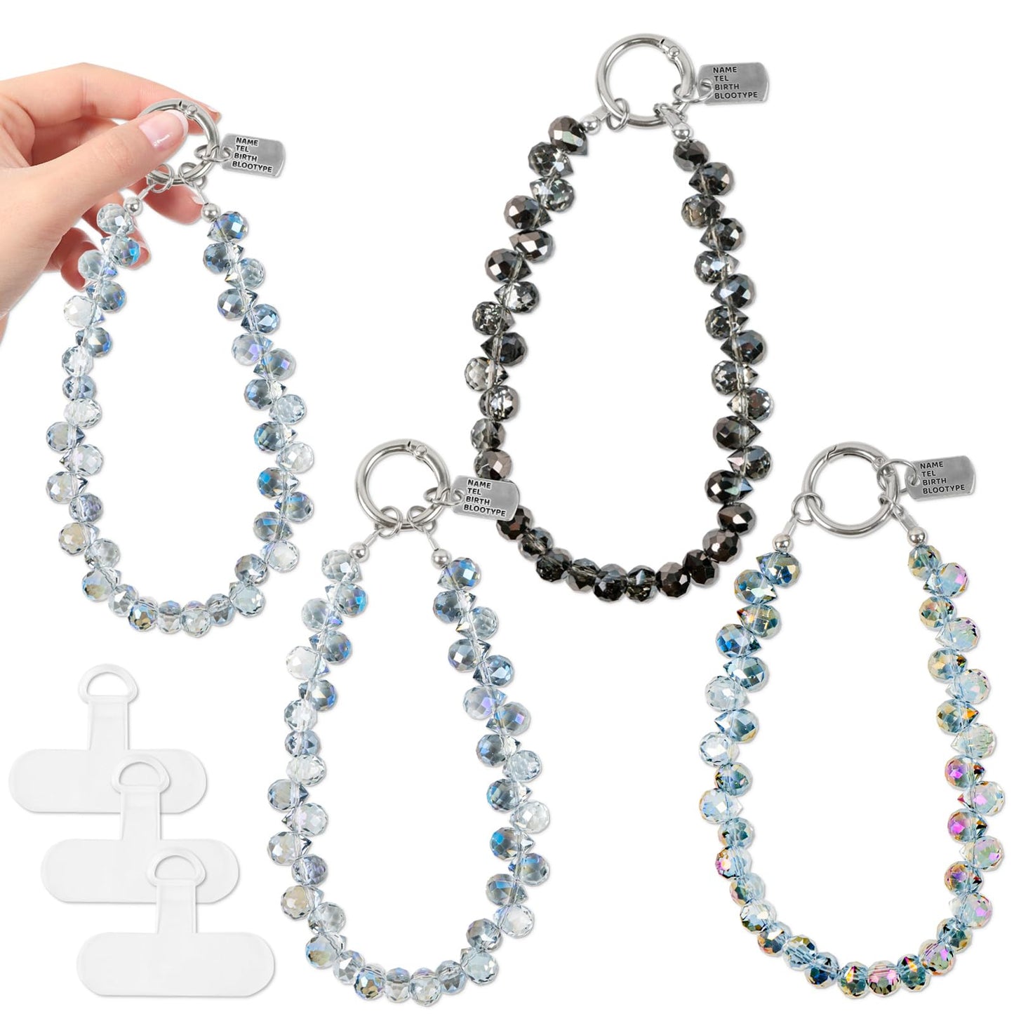 NEETUE 3PCS Crystal Beaded Wrist Strap Cell Phone Charm with 3Pcs Tether Tab Phone Bracelet Wrist Strap Lanyard for Women