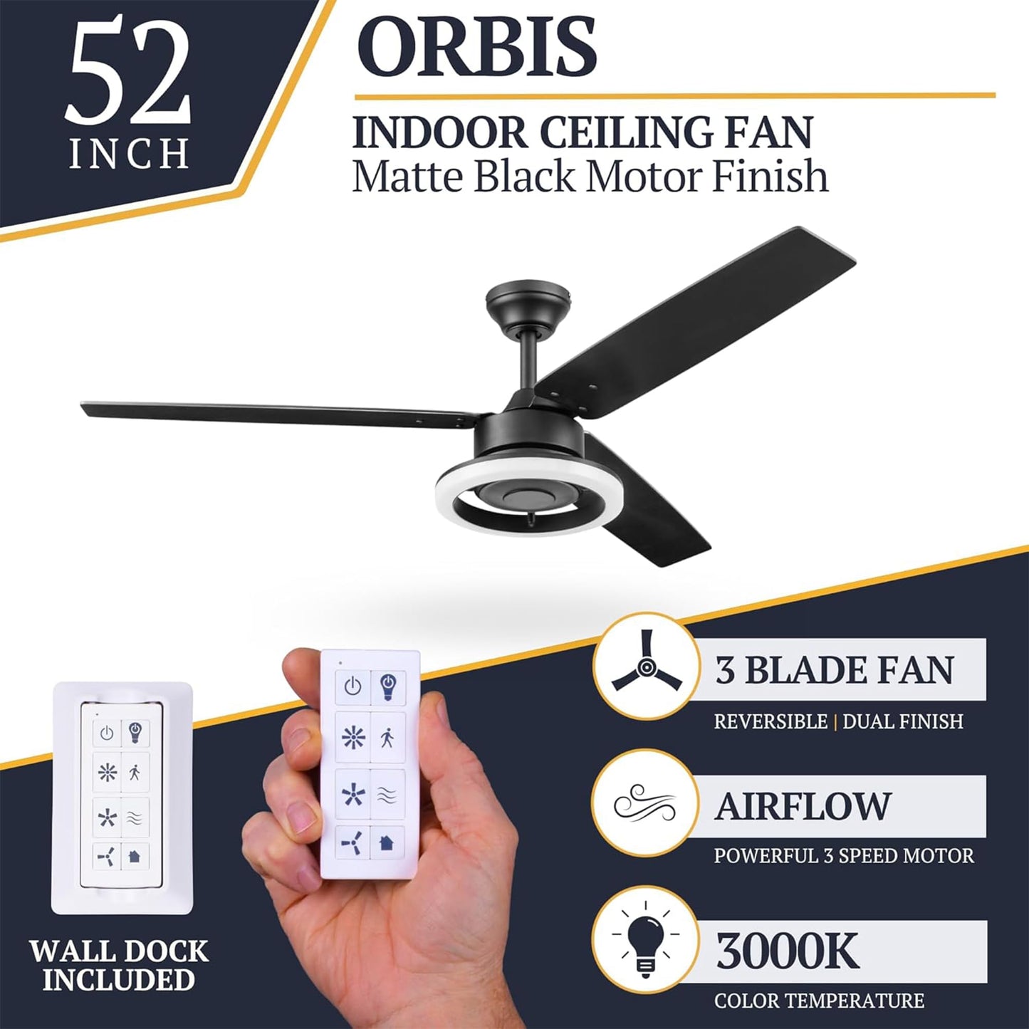 Prominence Home Orbis 52 Inch Modern Indoor Ceiling Fan with LED Light, Remote Control, Reversible Motor, 3 Dual Finish Blades, Matte Black