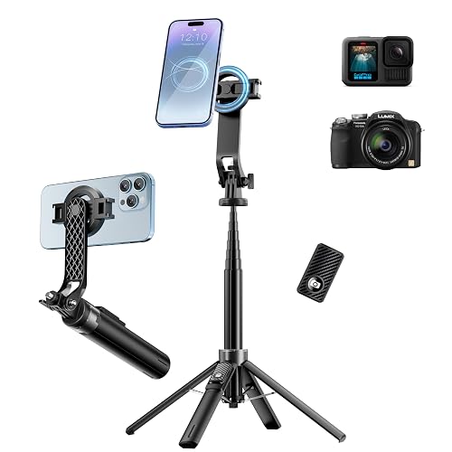 54" Magnetic Phone Tripod, Selfie Stick Tripod for iPhone Android MagSafe & Camera with Rechargeable Remote & 2 in 1 Magnetic Holder, for Travel Vlog