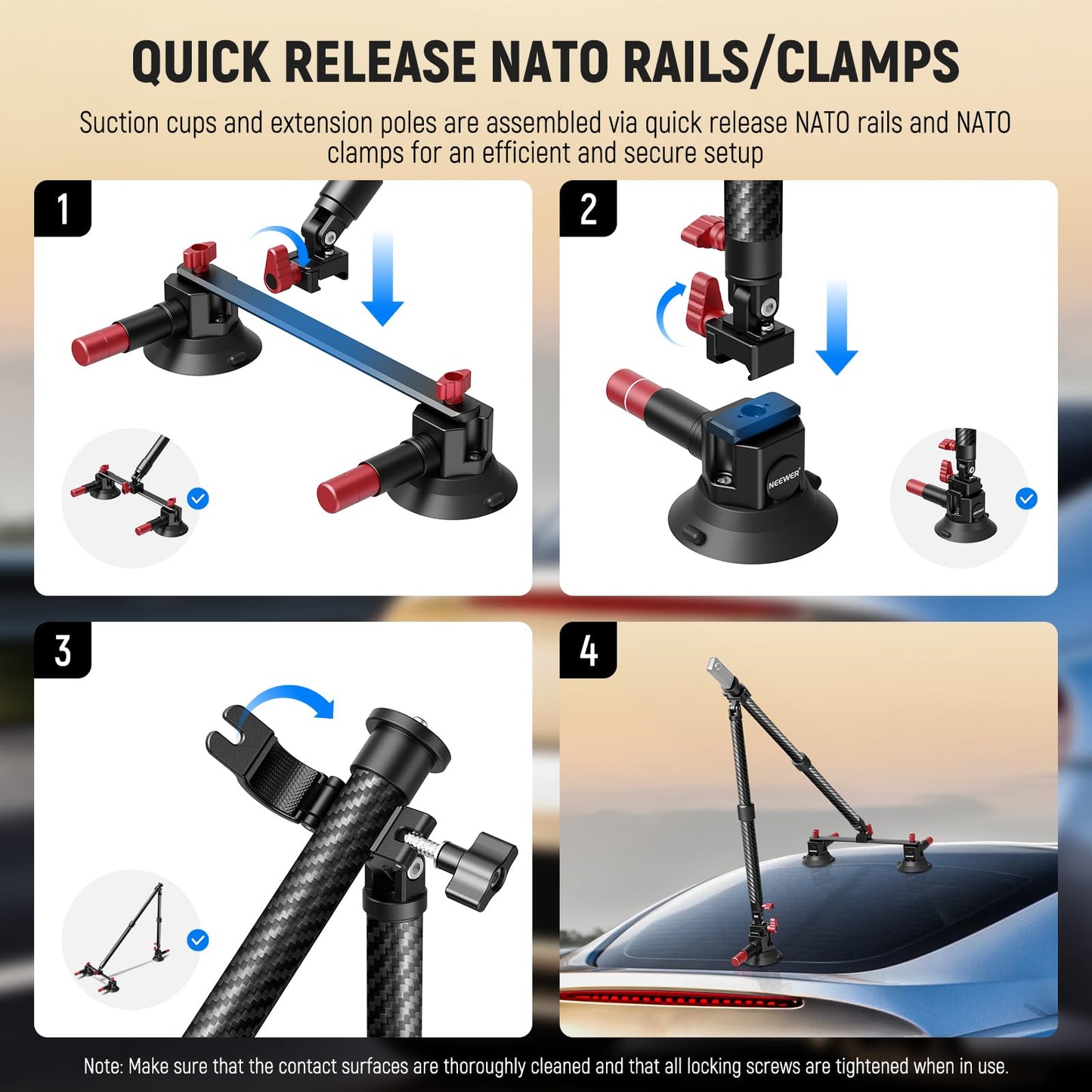 NEEWER Triple Suction Cup Car Mount Kit, Carbon Fiber Camera Mount with Action Camera Adapter, NATO Rail & 24"/60cm Extension Pole Compatible