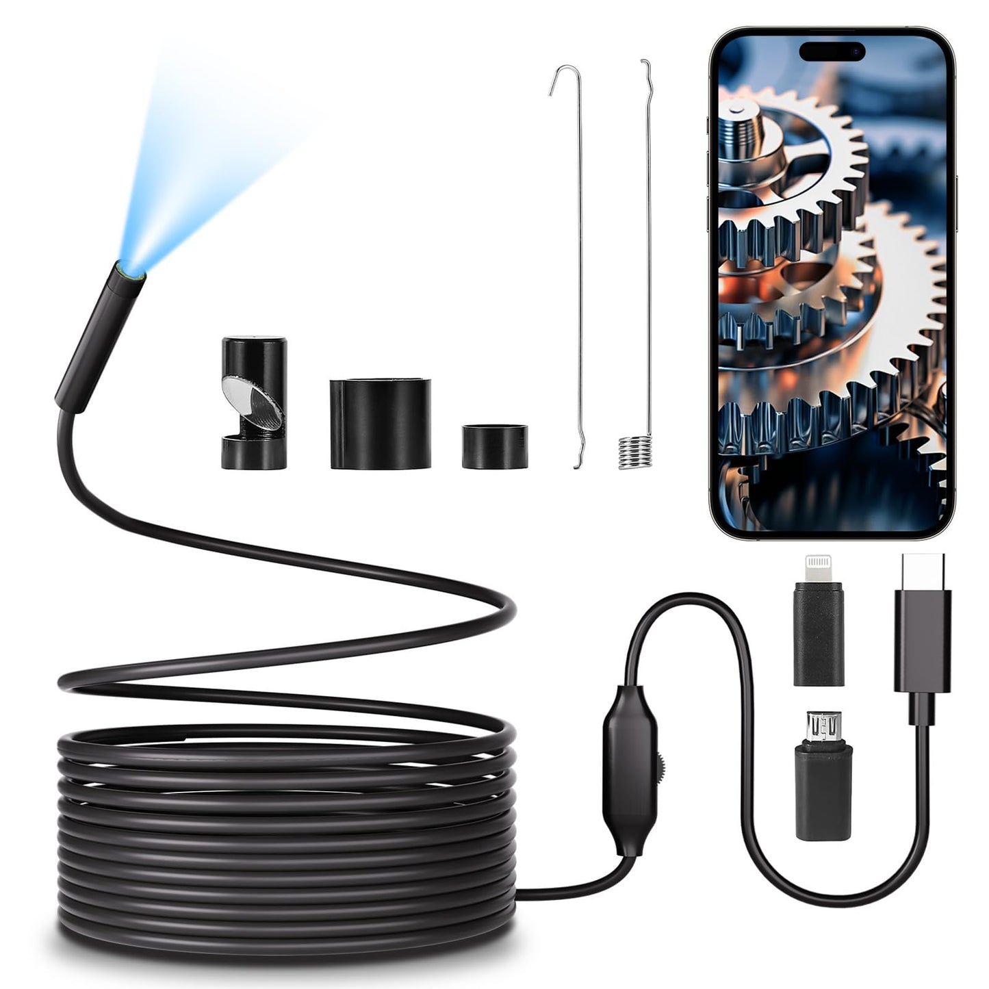 POLEDY Endoscope Camera with Light, 1920P HD Borescope, 8 Adjustable LED Light, IP67 Waterproof 16.4ft Snake Camera, Semi-Rigid Cable Inspection