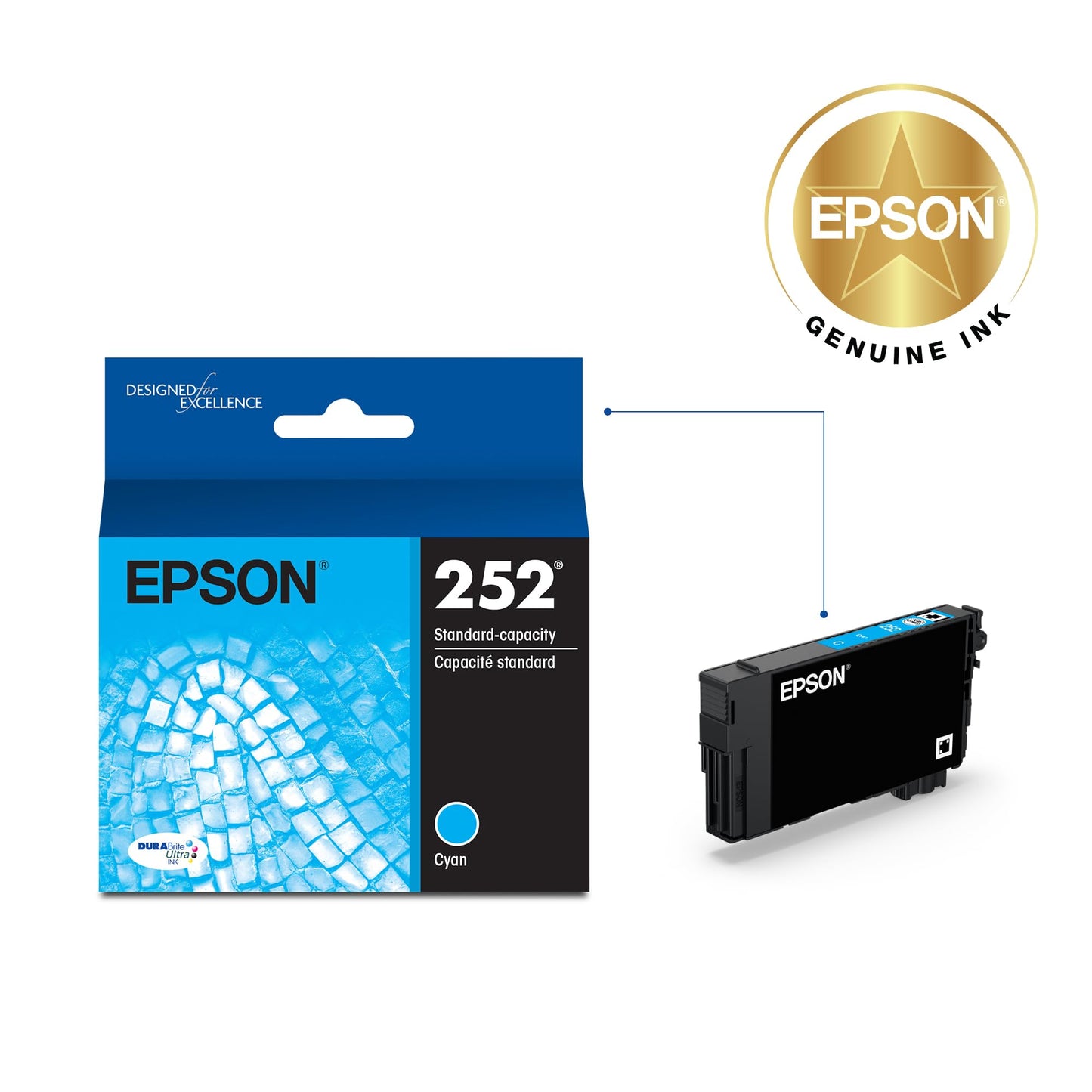 EPSON 252 DURABrite Ultra Ink Standard Capacity Cyan Cartridge (T252220-S) Works with WorkForce WF-3620, 3640, 7110, 7610, 7620, 7710, 7720, 7210