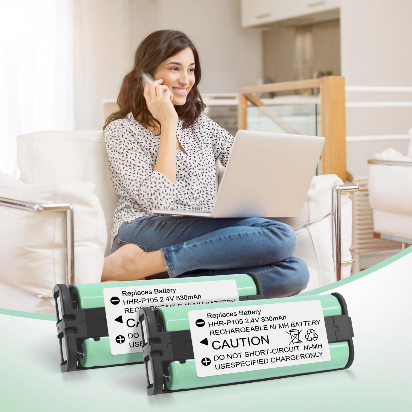 EOCIK 2 Pack HHR-P105 NI-MH Rechargeable Battery for Cordless Phone 2.4V 830mAh Replacement Batteries for Panasonic