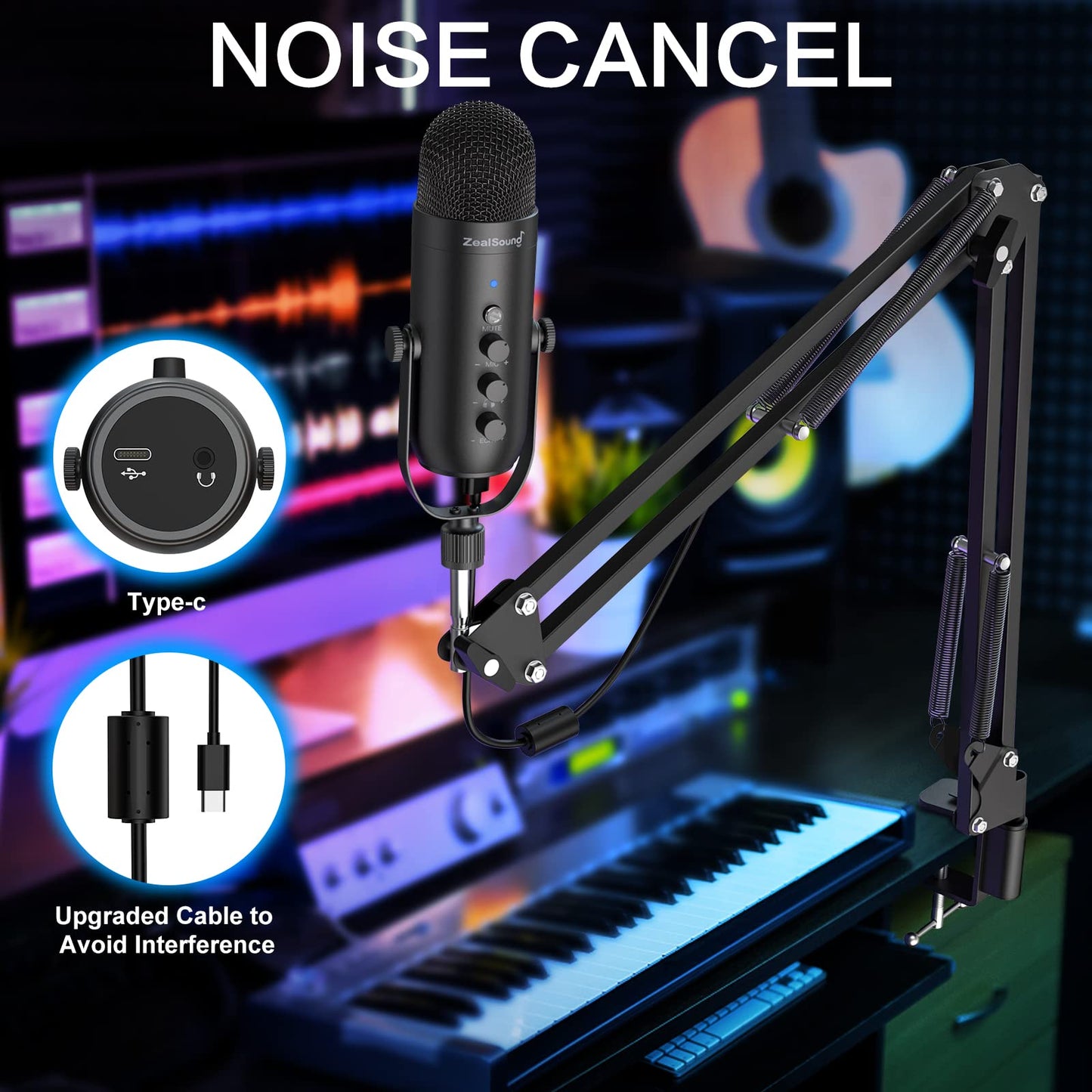 ZealSound Gaming Microphone for PC, USB Podcast Microphone with Noise Reduction, Mute & Gain Control, Zero-Latency Monitoring, Echo Control, Boom Arm