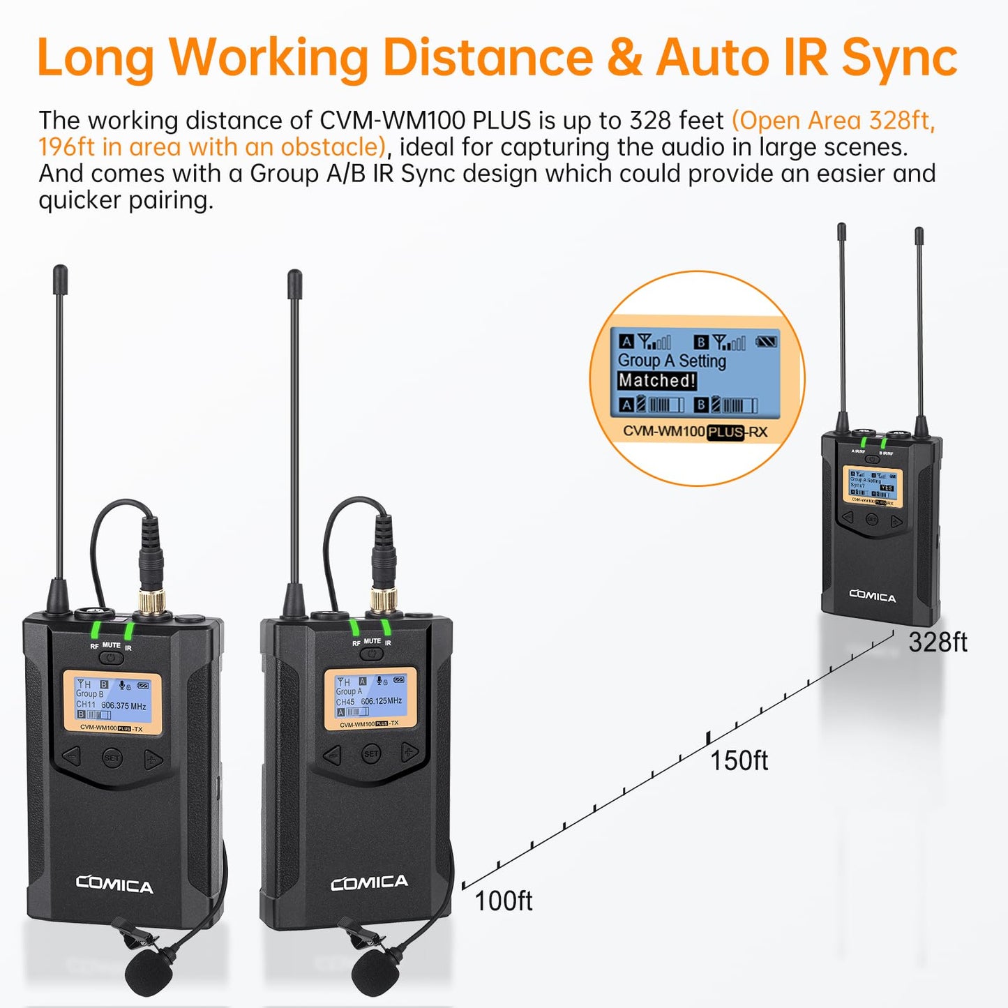 Comica CVM-WM100PLUS - Wireless Microphone System for Cameras, Camcorders, Smartphones, Laptops, Professional UHF Wireless Lavalier Lapel Microphone