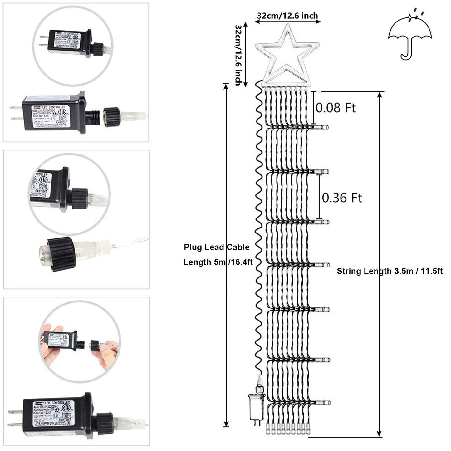 FUNIAO (New) Christmas Lights, Outdoor Christmas Decorations, 320 LED Waterfall String Lights, 8 Light Modes Chrsitmas Lights with 12" Star Tree