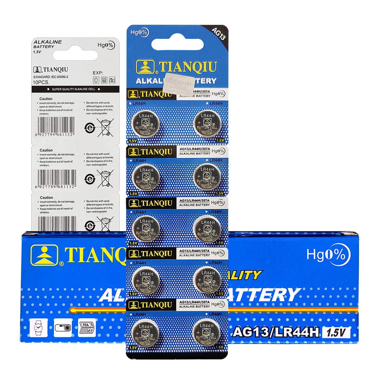 Tianqiu 10Pcs Ag13 Lr44 357 Sr44Sw Alkaline Battery
