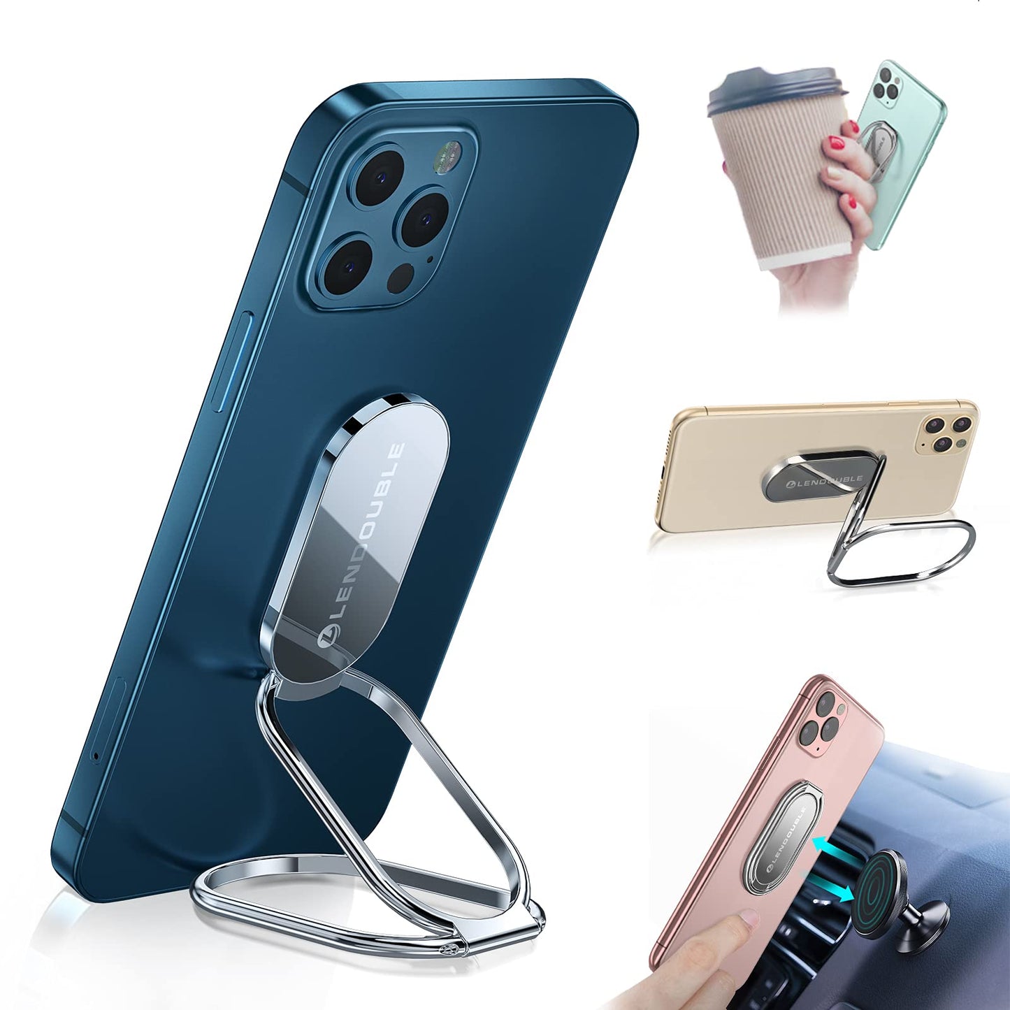 Foldable Cell Phone Stand for Desk, Adjustable Cellphone Ring Holder Finger Kickstand for Office Desktop & Magnetic Car Mount, Rotatable Multi-Angle