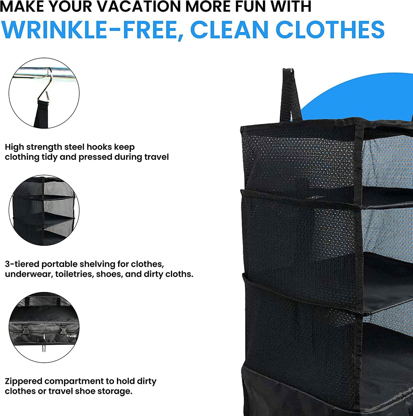 Grand Fusion Stow-N-Go Travel Luggage Organizer XL – Portable Hanging Packing Cubes & Carry-On Closet Organizer for Cruises & Hotels, Black