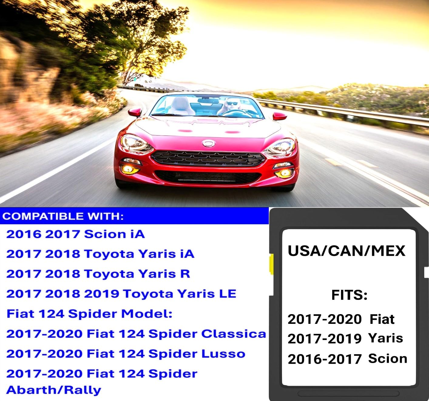 ARERCO Navigation map Update Sd Card Compatible with Toyota Yaris iA-2017, Scion iA-2016, Fiat 124- (2017-2020) sp*der, Lusso, Abarth/Rally