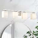 Edvivi Bathroom Light Fixtures, 4-Light Modern Brushed Nickel Vanity Light Over Mirror, Wall Sconces with Square White Glass Shades for Living Room