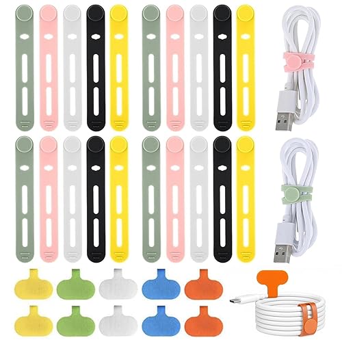 FenrFern 30Pcs Silicone Cable Ties, Reusable Cable Straps Cord Organizer for for Bundling Earphone, Phone Charger, Computer Cords in Home, Office