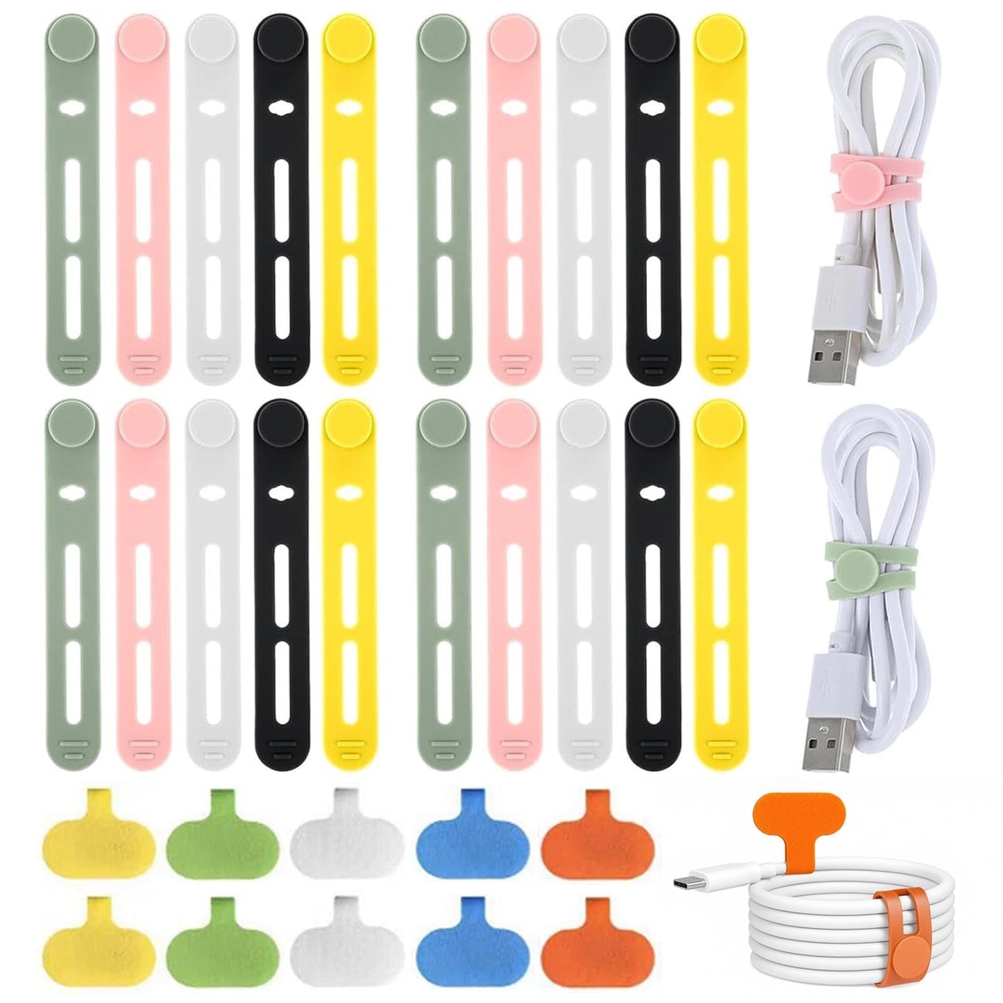FenrFern 30Pcs Silicone Cable Ties, Reusable Cable Straps Cord Organizer for for Bundling Earphone, Phone Charger, Computer Cords in Home, Office