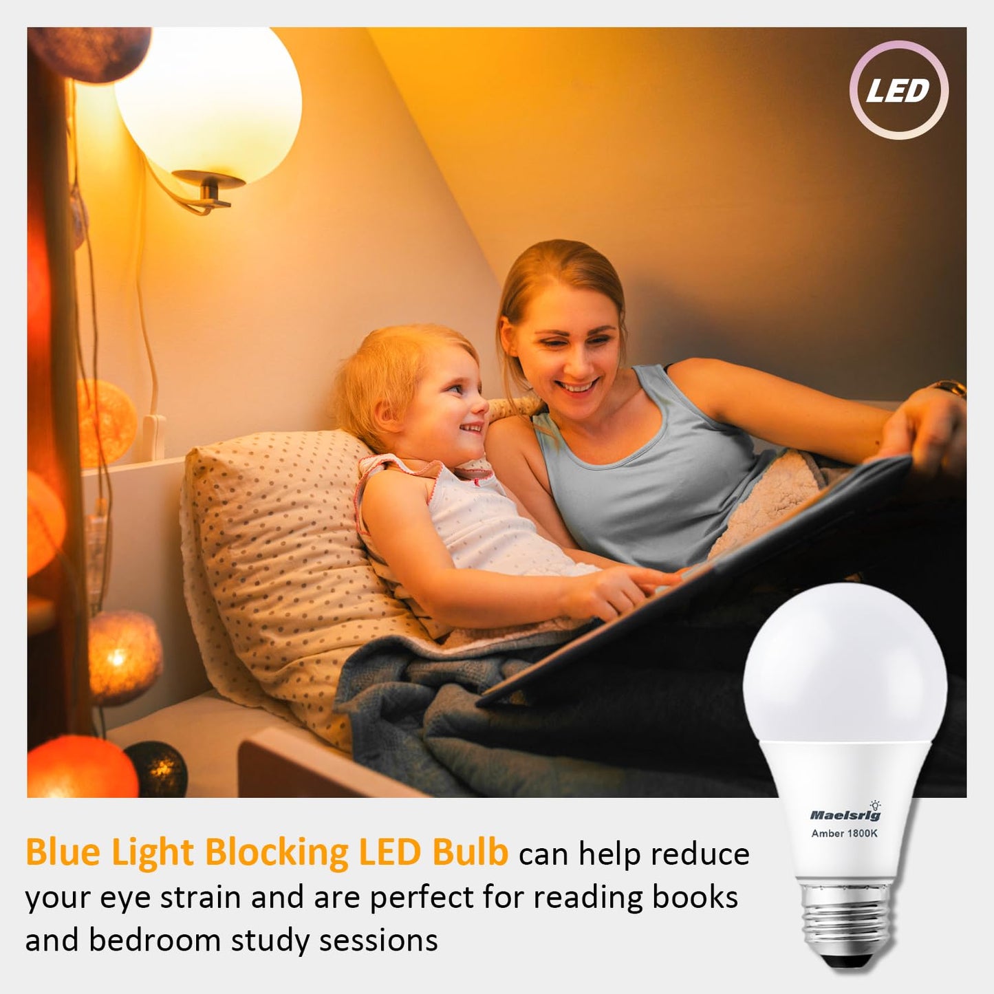 Maelsrlg A19 Warm Sleep Light Bulb, 9W(60W Equivalent), 1800K Amber, Dimmable, E26 Base, Soft Yellow Light Bulbs, 800 Lumen, 120V, 4-Pack