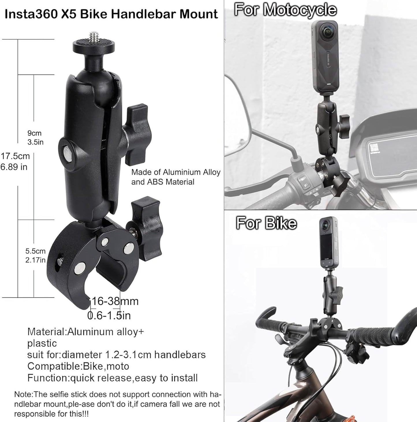 PellKing Camera Motorcycle Mount for Insta360 X5/X4/X3/X2,Double Super Clamp Mount Umbrella clamp Holder for Monitor Bracket Magic Socket Arm with 1/4