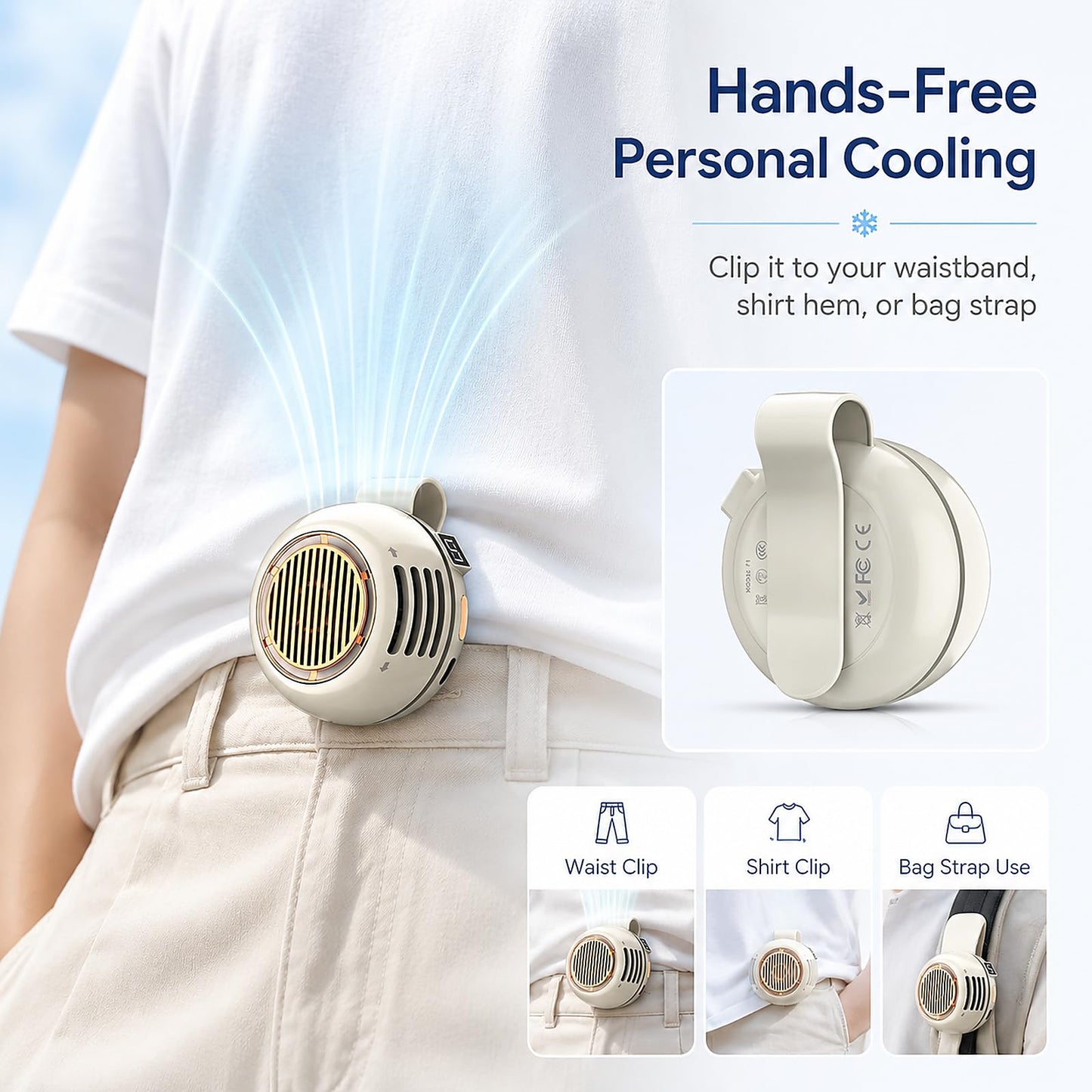 Portable Clip on Fan, Bladeless Waist Clip Fan with 5 Speeds, USB-C Rechargeable Mini Quiet Fan, LED Display, 1000mAh Battery, 82g Lightweight, Up