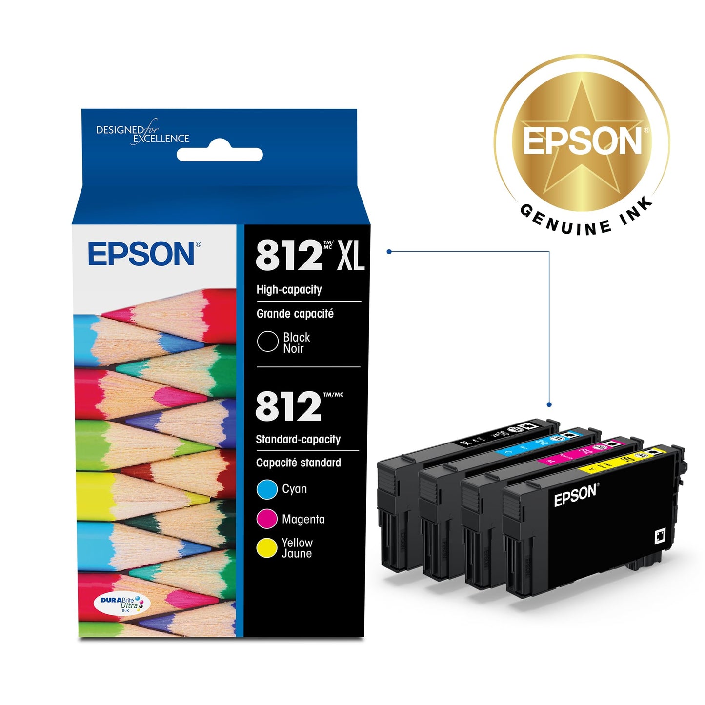 EPSON 812 DURABrite Ultra Ink High Capacity Black & Standard Color Cartridge Combo Pack (T812XL-BCS) Works with WorkForce Pro WF-7310 ,7820, 7840
