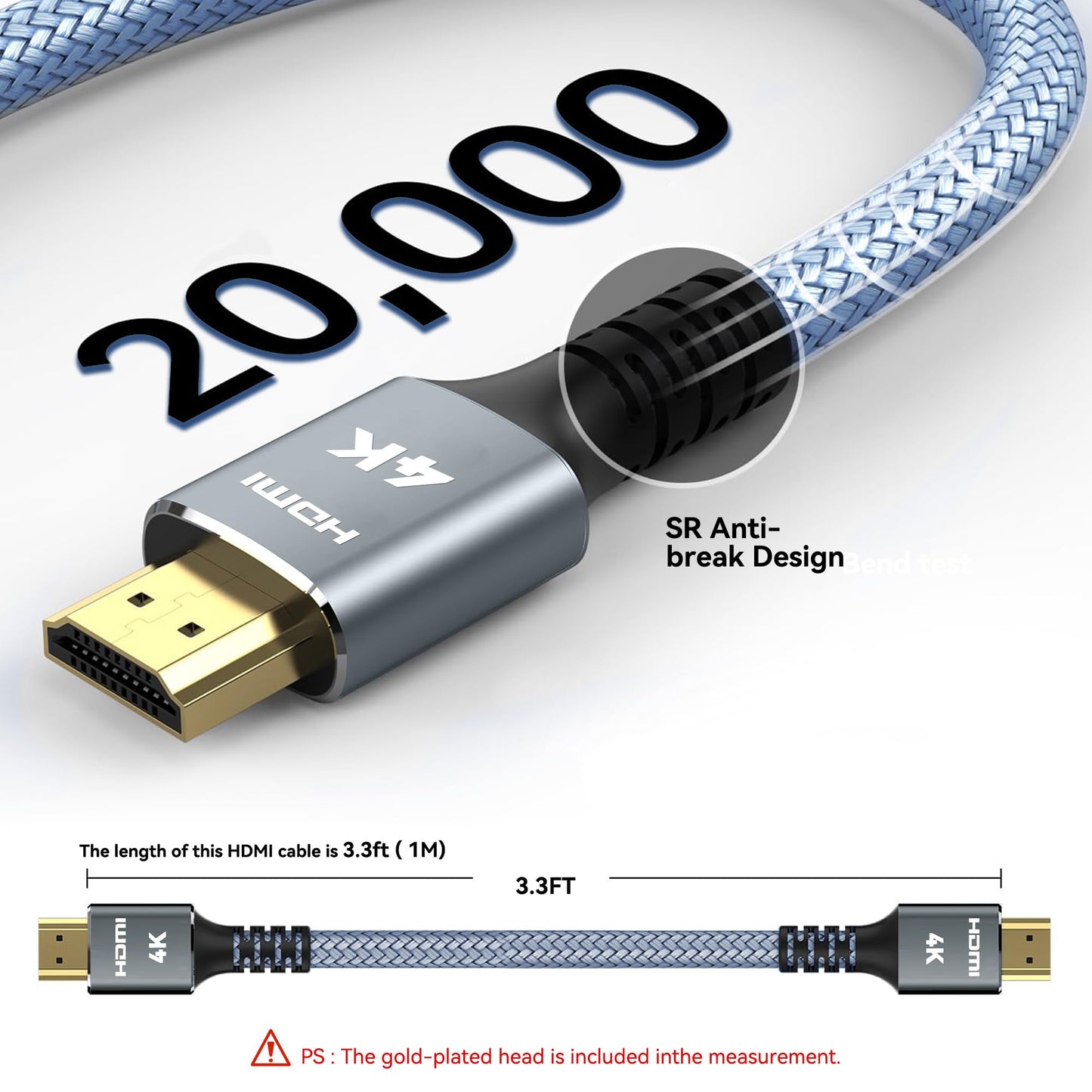 Kirei V Wire High-Speed 4K HDMI Cable 5-Pack, 1M/3.3 FT 18Gbps 2.0 Version, Supports 4K@60Hz HDR HDCP 2.2 UHD 2160p 1080p 3D, Braided Cord for PS3/4