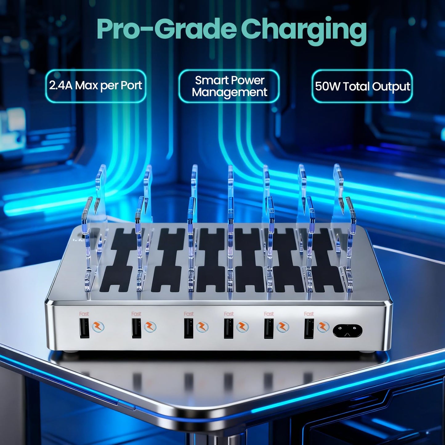 300W Fast Charging Station for Multiple Devices, 6 Port USB Charging Hub, Universal Desktop Charger Organizer Compatible with iPhone iPad Android