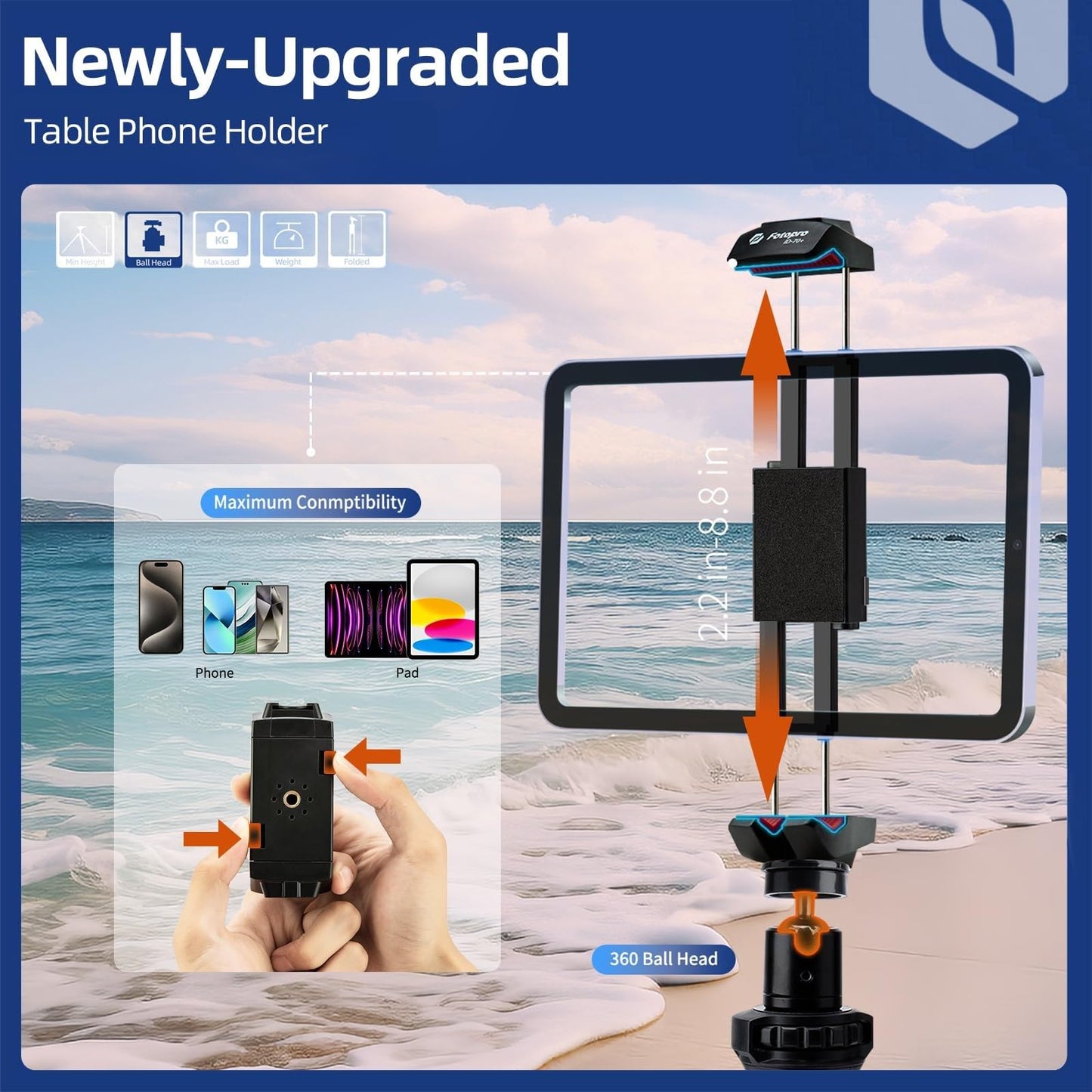 Fotopro iPad Tripod Stand with 360 Ball Head for Camera, Phone, Tablet & More - Cold Shoe, Flexible Phone Tablet Holder for Vlogging, Live Streaming