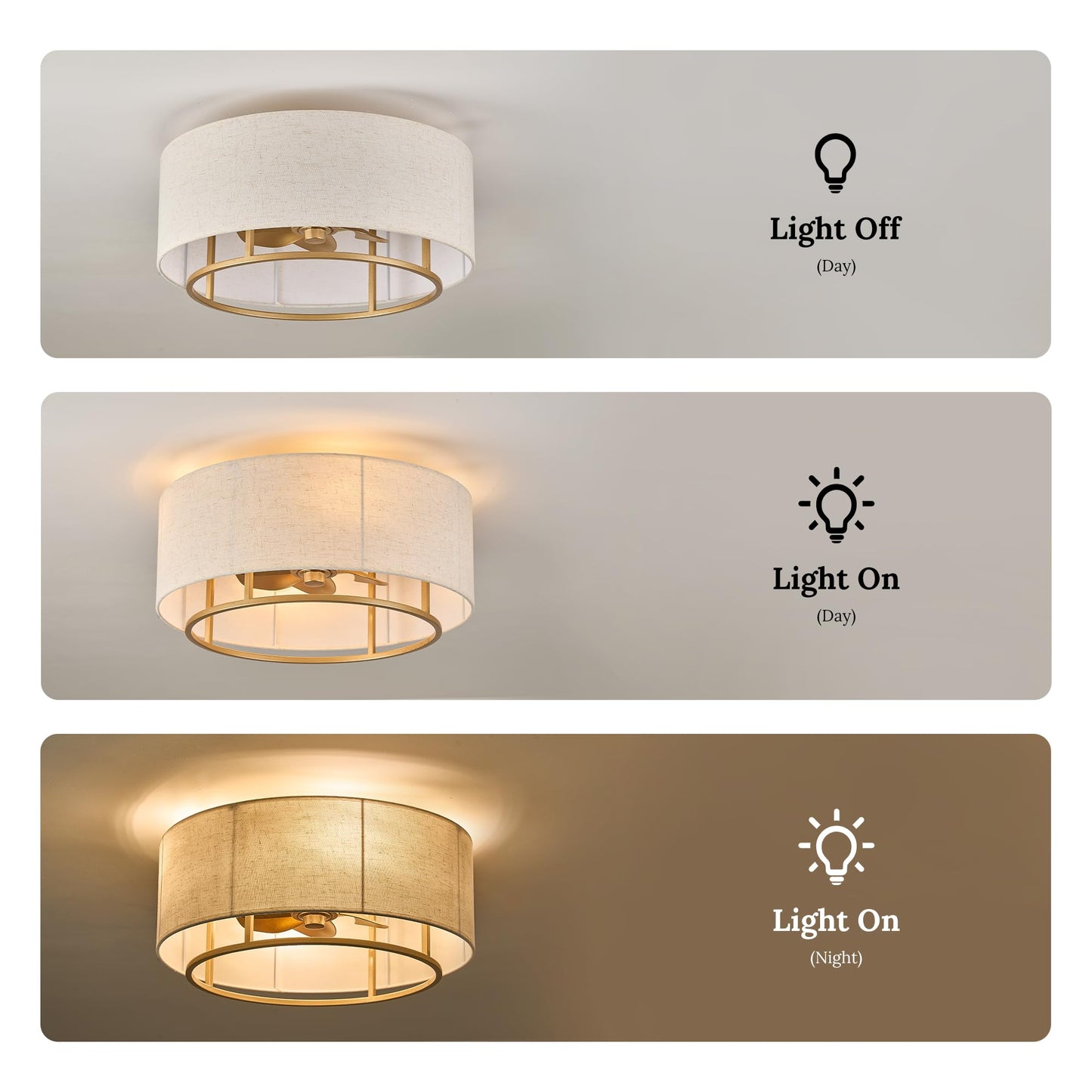 OPKMB 20" Golden Boho Caged Linen Low Profile Ceiling Fan with Remote, 6 Speeds