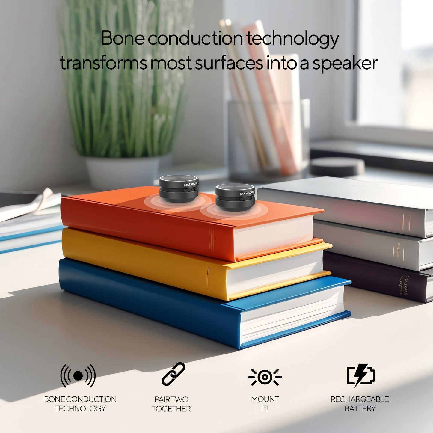 PocketTunes Bone?Conduction Bluetooth Speakers - 2?Pack Mini Wireless Speakers, Surface?Amplifying Sound, True Wireless Stereo, USB?C Rechargeable