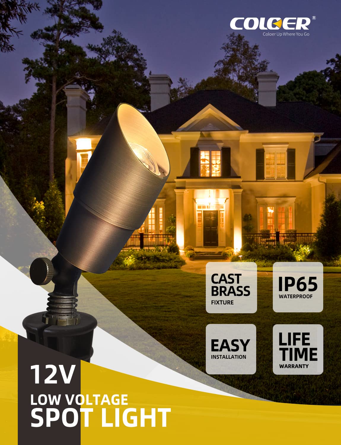COLOER Die-cast Brass Low Voltage Spotlight 1-Pack with 5W Aluminum Housing MR16 LED Bulb 2700K 450LM CRI85+,12V AC/DC Outdoor Landscape Lighting