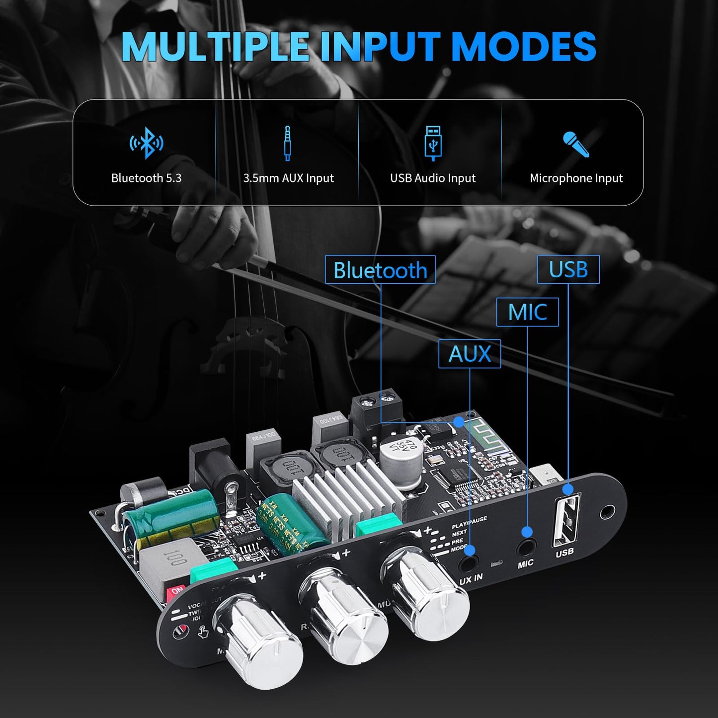 ZK-10001UM Bluetooth 5.3 Amplifier Board, 100W Mono Class D Power Amp with TWS Pairing, USB/AUX Input, Mic/Music Vol, Microphone Reverb Support EQ