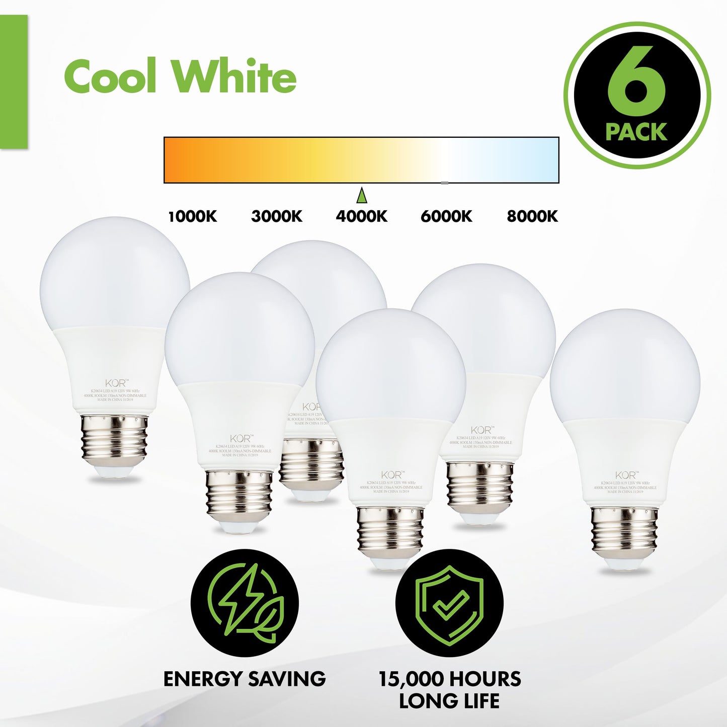 KOR A19 LED Bulbs, 60W Equivalent, 5000K Bright White, E26 Base, 6 Pack