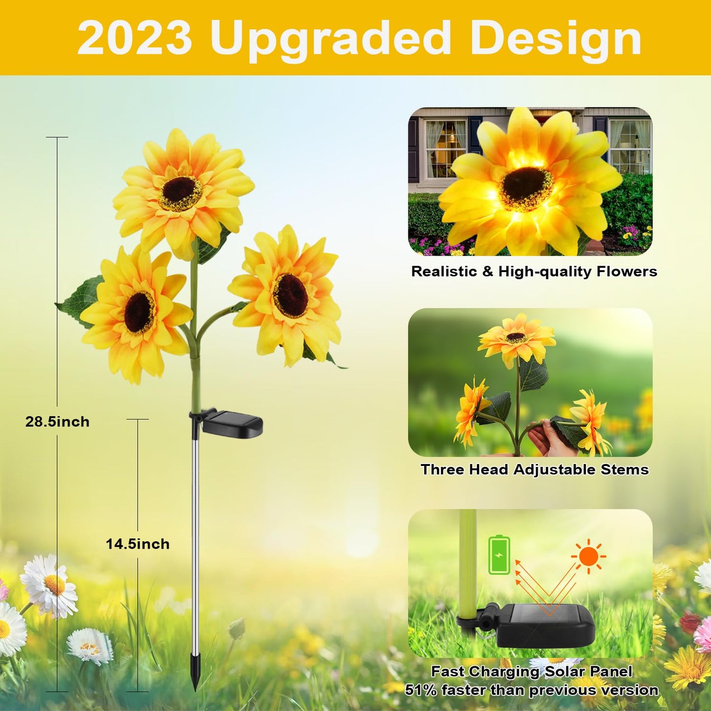 MMHF Outdoor Solar Garden Stake Lights,Upgraded LED Solar Powered Light with 3 Sunflower, Waterproof Solar Decorative Lights for Garden, Patio