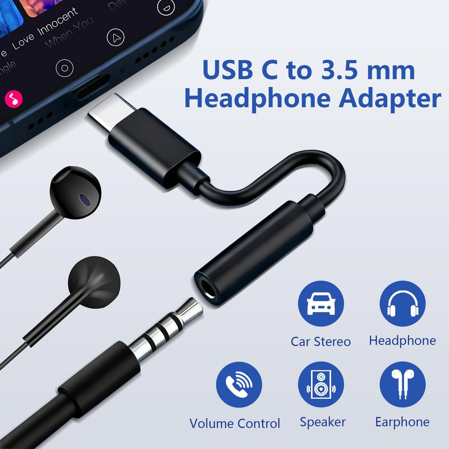 USB C to 3.5mm Headphone Jack Adapter Type C Audio Aux Cable Dongle Compatible with iPhone 16/15/15 Plus/15 Pro/15 Pro Max/iPad/Pixel, Samsung Galaxy