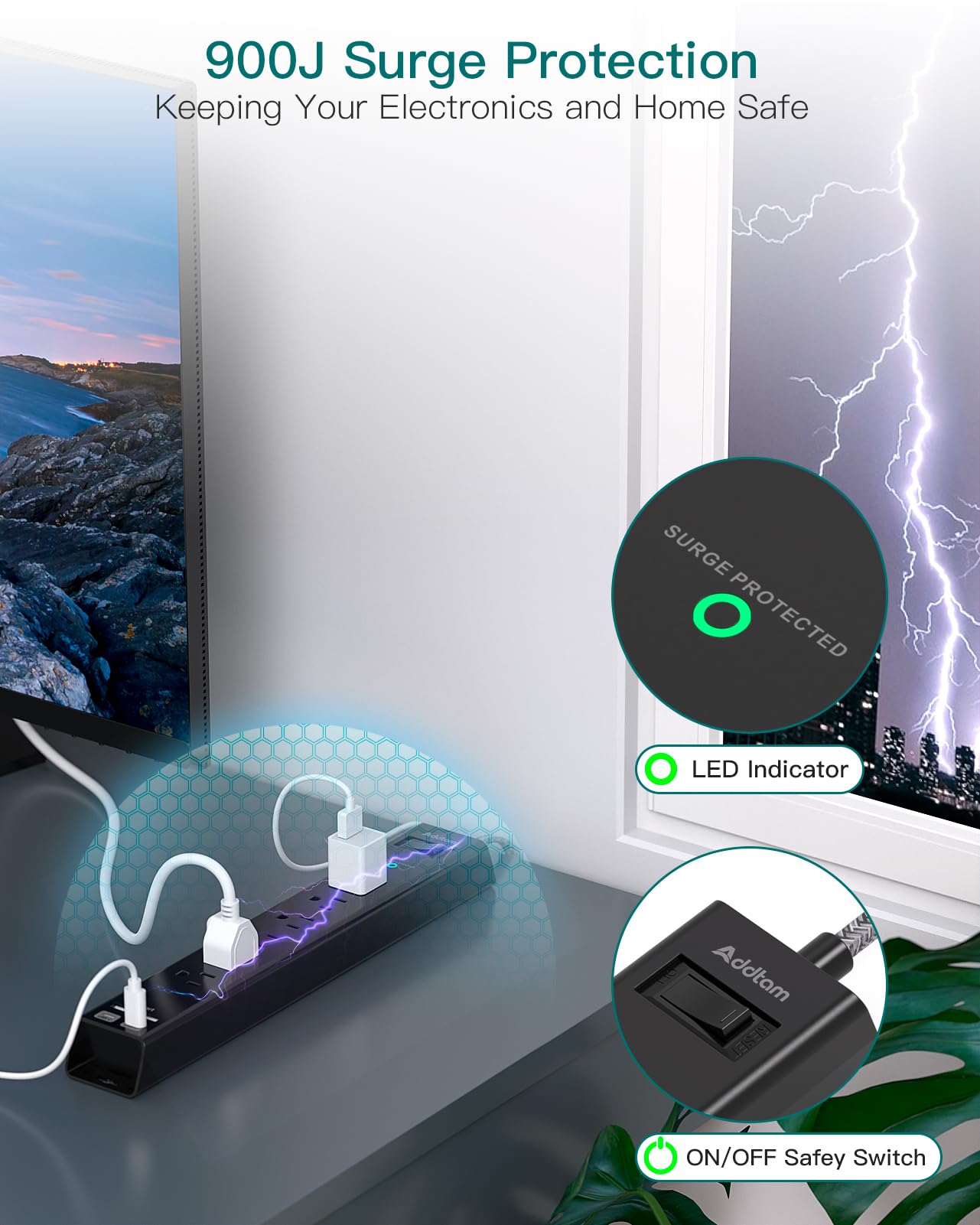 Surge Protector Power Strip - Extension Cord with Addtam 6 AC Outlets 4 USB (2 USB-C Ports), 1875W/15A, Flat Plug with Overload Surge Protection