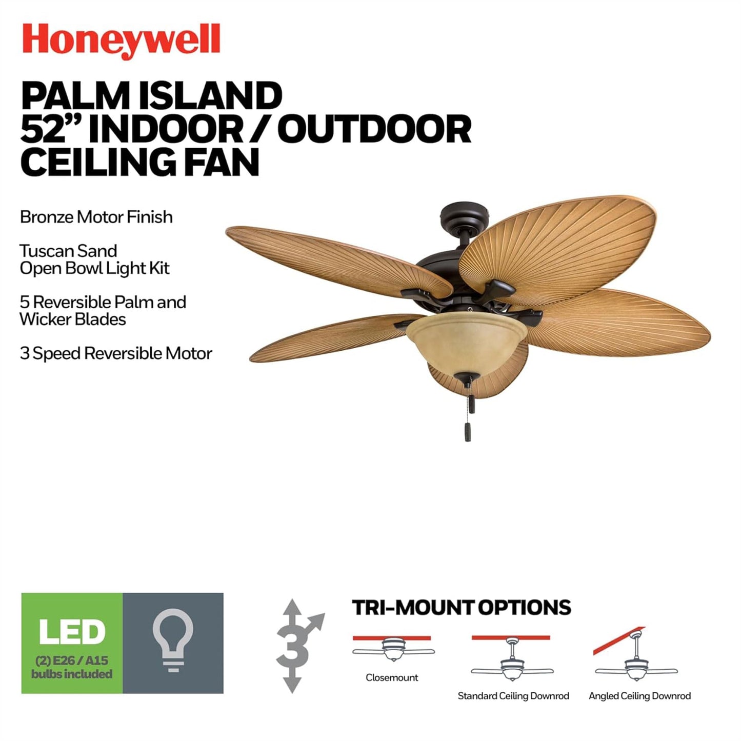 Honeywell Ceiling Fans Palm Valley, 52 Inch Tropical Indoor Outdoor Ceiling Fan with Light, Pull Chain, Three Mounting Options, 5 Palm Leaf Blades
