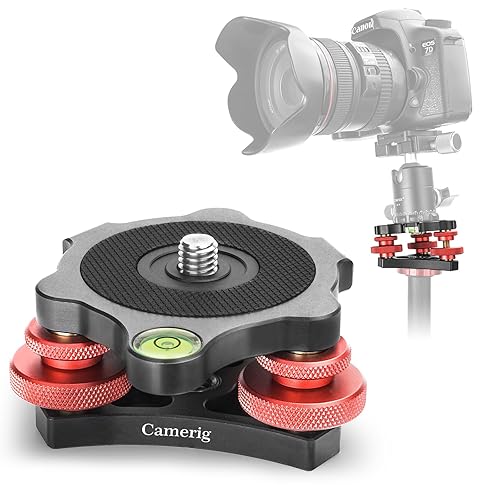 Tripod Leveling Base Camera Leveler, Aircraft Grade Aluminum Alloy 3 Axis Tri Wheel Head, 3/8” Thread, with +/-5 Degree Precision Adjustment for DSLR