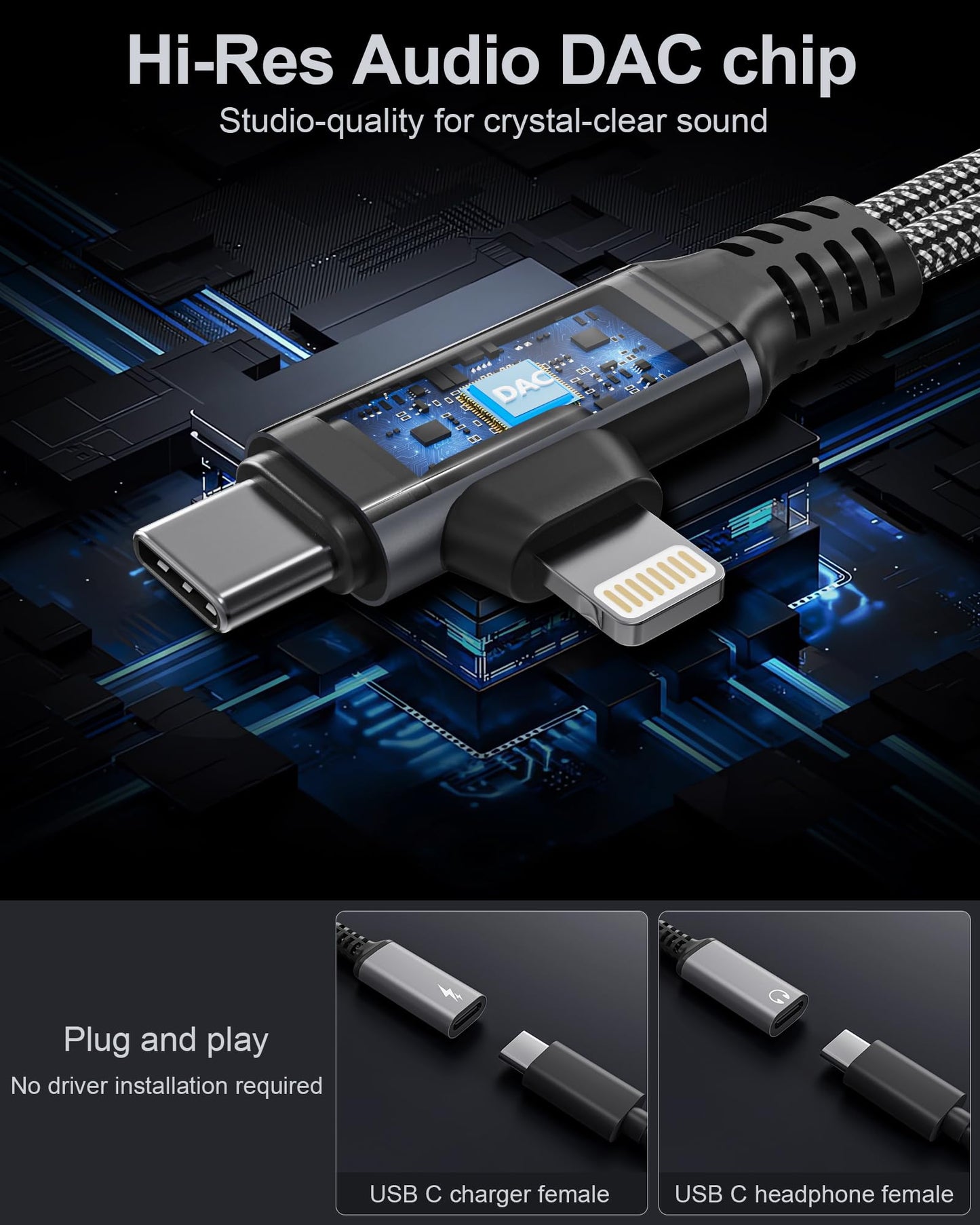 USBC Splitter 1 in 2 Out USB C Headphone and Charger Adapter - Type C & Lightning Male to Dual USB C Female Audio Dongle Cable, PD 60W Fast Charging +
