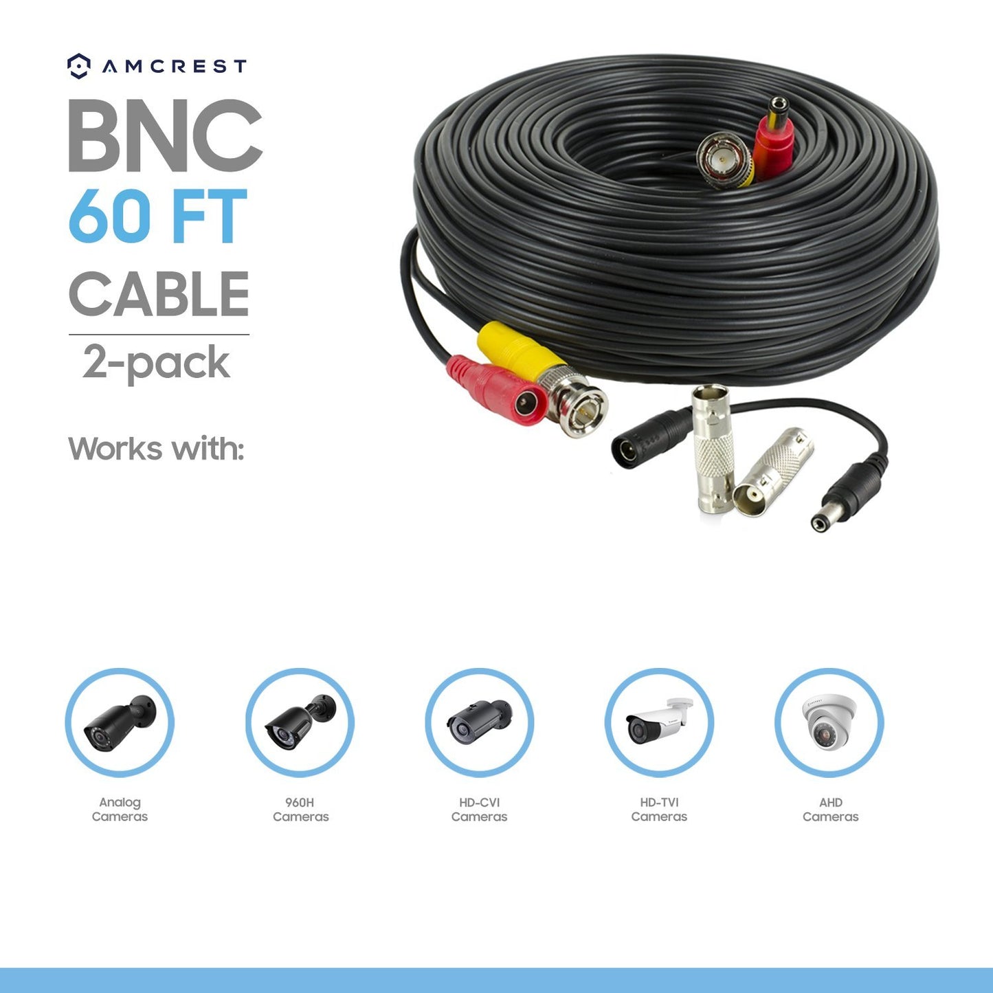 Amcrest 2-Pack 60 Feet Pre-Made All-in-One Siamese BNC Video and Power CCTV Security Camera Cable with Two Female Connectors for 960H & HD-CVI Camera