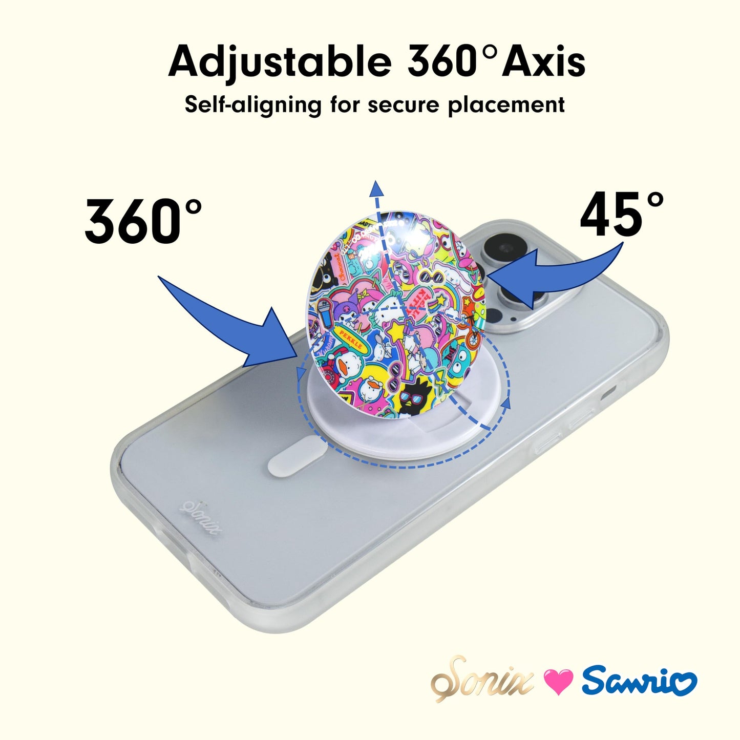 Sonix x Sanrio MagLink Snap Grip | Magnetic Phone Grip Holder and Collapsible Kickstand | Compatible with MagSafe | Hello Kitty and Friends Stickers
