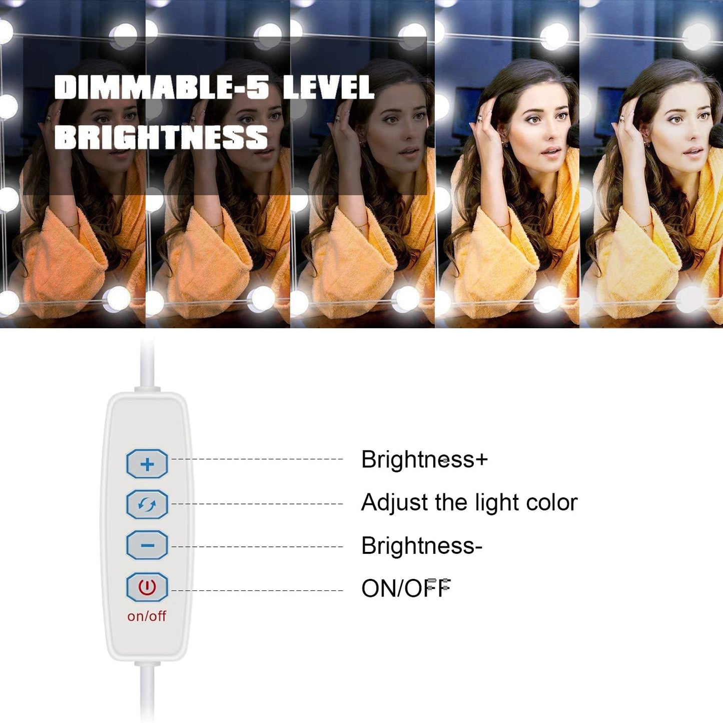 Pretmess LED Vanity Mirror Lights, Hollywood Style With 14 Dimmable Bulbs, Adjustable Color & Brightness, USB Cable, Stick-on for Makeup Table