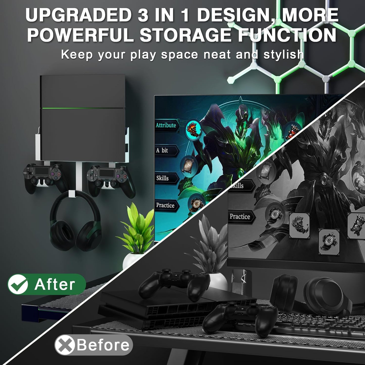 Wall Mount Kit with Detachable 2 Controller Holder & Headphone Hanger, Mount On The Wall Or On The Back Of The TV, Wall Mount Compatible with PS4