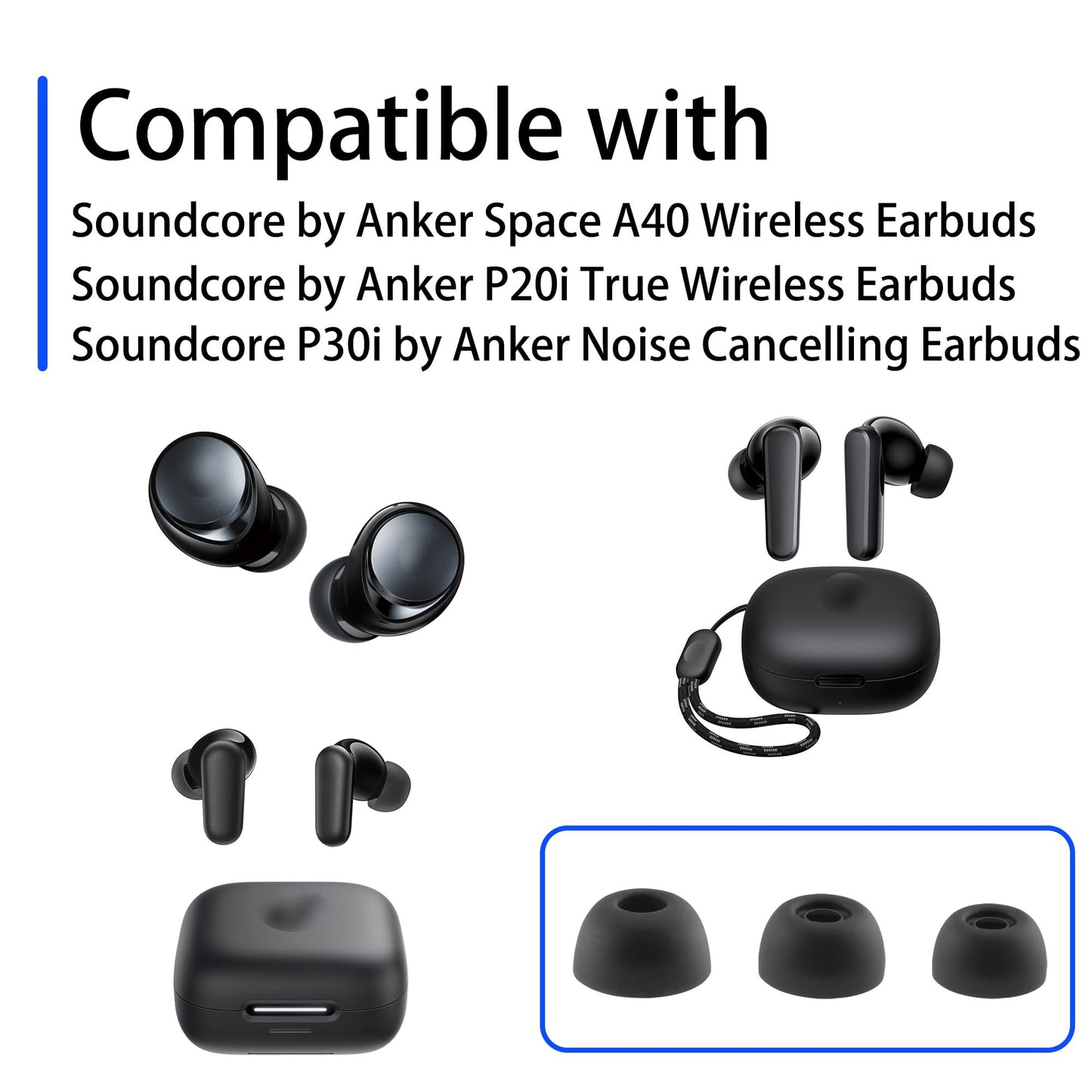 NANLANFAN Replacement Silicone Ear Tips for Soundcore by Anker P20i / P30i / Space A40 Wireless Earbuds, 9 Pairs (S/M/L, Black)