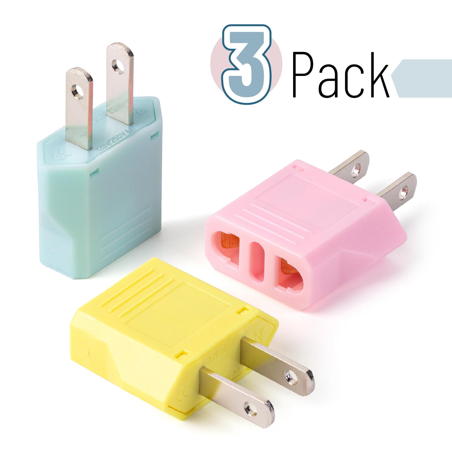 Bates- European to US Plug Adapter, 3 Pack, Colorful, Plug Adapter Europe to USA