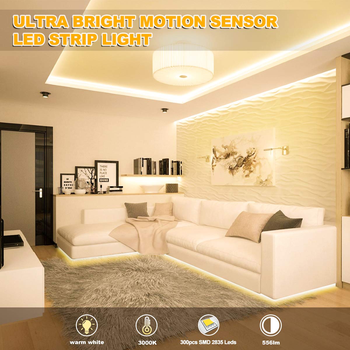 Motion Activated LED Strip Lights,RGH LIGHTING 16.4ft LED Light Strip with Day or Night 2 Lighting Modes,3 Timing Off Modes,Cozy Warm White 12v