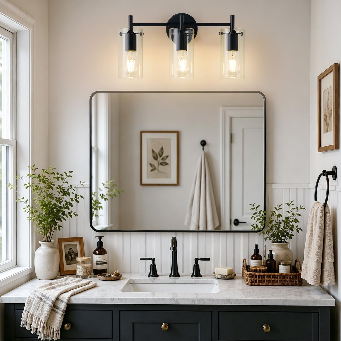Indoi Bathroom Light Fixtures, 3-Light Matte Black Vanity Light, Black Bathroom Lights Over Mirror with Clear Glass Shade, Wall Sconces for Mirror