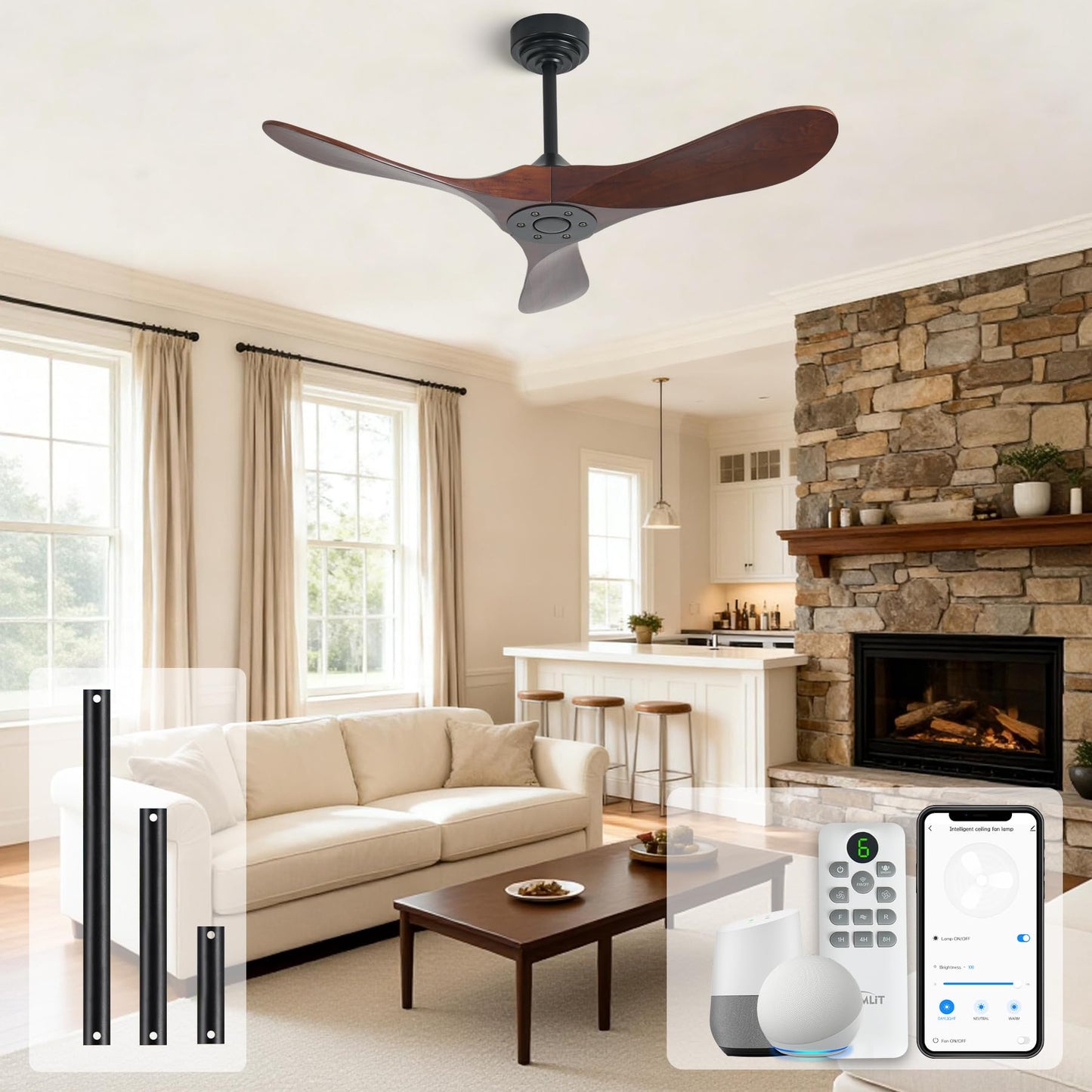 Homlit Outdoor Ceiling Fan Without Light, 42Inch Smart Ceiling Fan with Remote & Voice Control for Compatible with Alexa/Google, 3-Blade Wood Fan