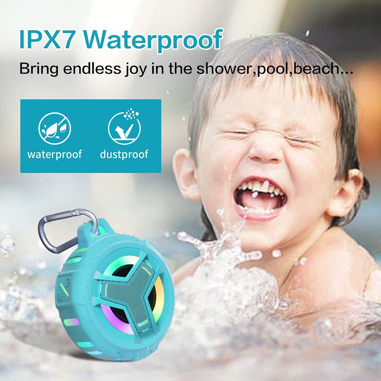 EBODA Waterproof Bluetooth Shower Speaker, IPX7 Floating Portable Wireless Small Speakers, 24H Playtime with RGB Light for Kayak, Beach, Pool
